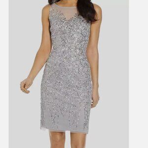 Adrianna Papell Women's Silver Embellished Illusion Sheath Dress Size 4